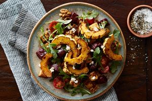 Panzanella salad with arugula, delicata squash, and roasted beets