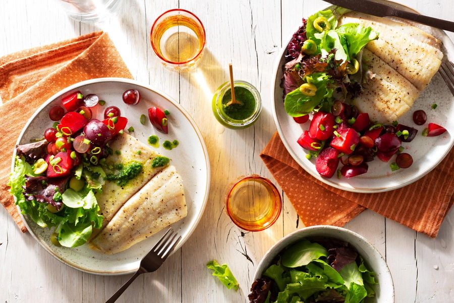 Sole with chimichurri and honey-lime fruit salad