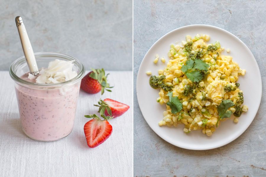 Overnight strawberry-chia puddings & Corn scramble with cilantro pesto