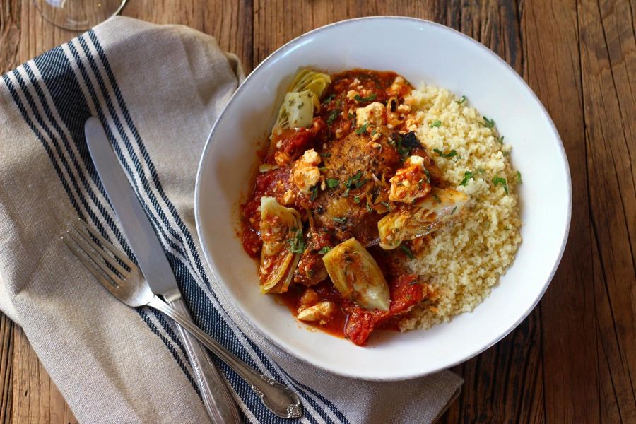 Braised chicken with artichoke, feta and brown rice couscous