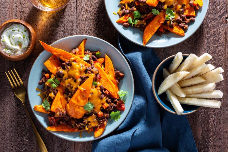 Sweet Potato and Black Bean Chili Cheese Fries with Jicama Sticks | Sunbasket