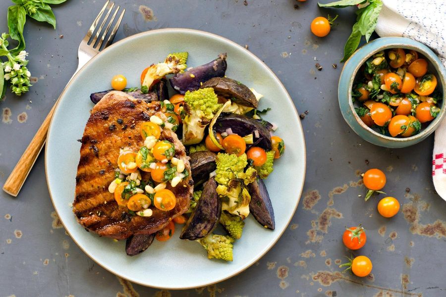 Steak with roasted romanesco, purple potatoes and tomato basil salsa 