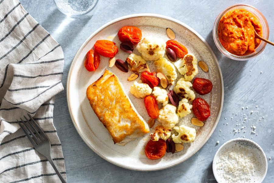 Your choice of protein with roasted red pepper ajvar and cauliflower