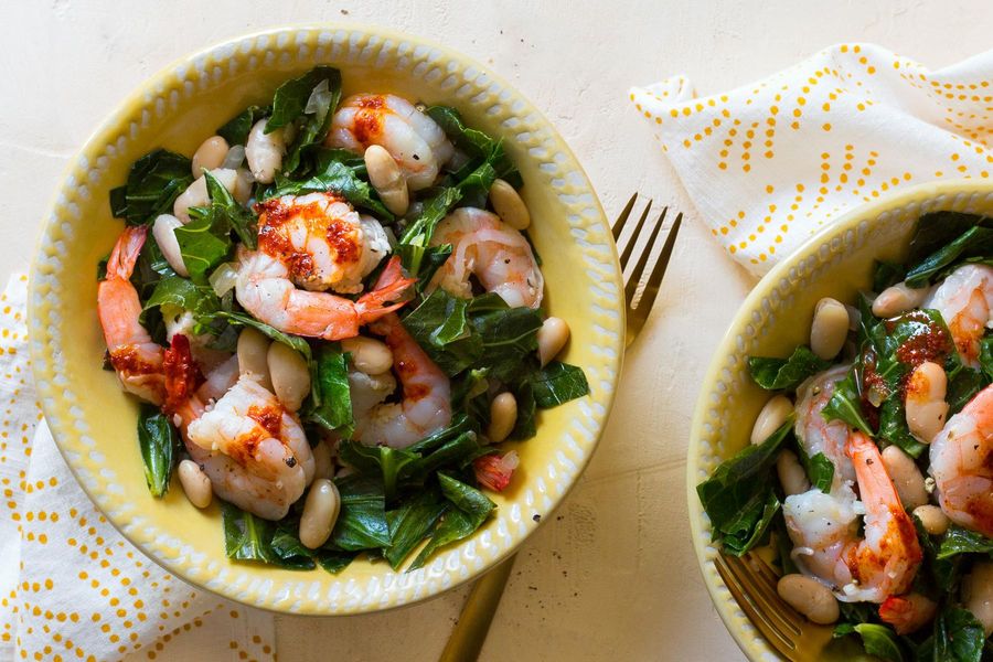 Garlic shrimp with white beans and collard greens