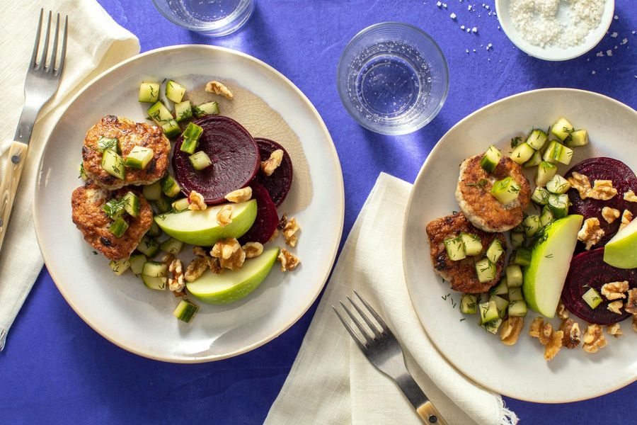 Apple patties and your choice of protein with roasted beet salad