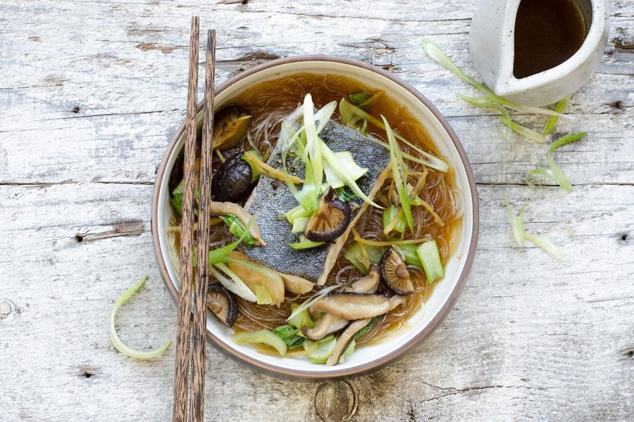 Braised fish, bok choy and glass noodles in shiitake broth