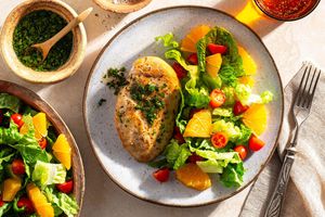 Chicken and zhug with citrus-romaine salad
