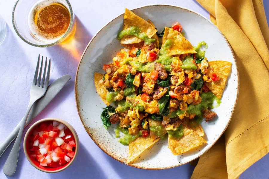 Migas with crisp tortilla chips, chorizo, eggs, and salsa verde