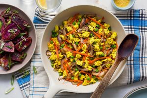 Tofu scramble with peas and potato-scallion hash