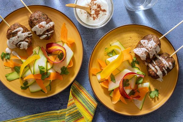 Mediterranean turkey kebabs with carrot and squash ribbon salad