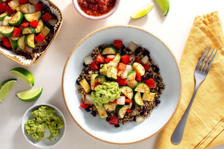 Tex-Mex black bean and quinoa bowls with guacamole