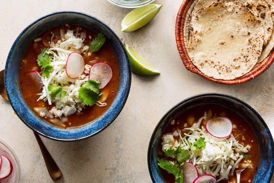 Pinto bean and hominy pozole rojo with warm tortillas | Sun Basket