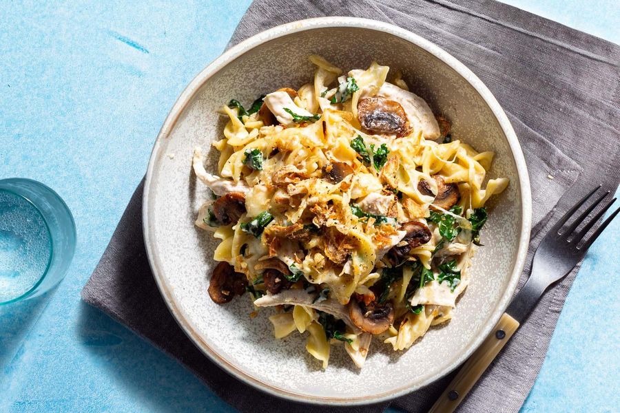 Cheesy chicken Tetrazzini with braised kale