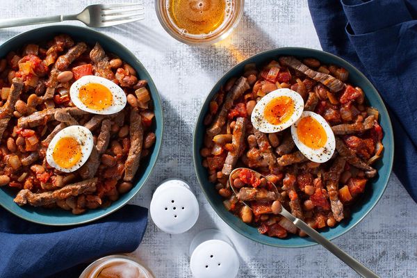 Smoky maple pork and beans with soft-cooked eggs