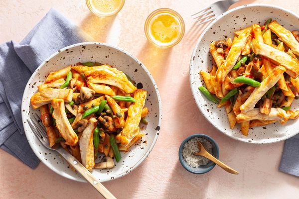 Spicy shrimp penne arrabbiata with mushrooms and green beans
