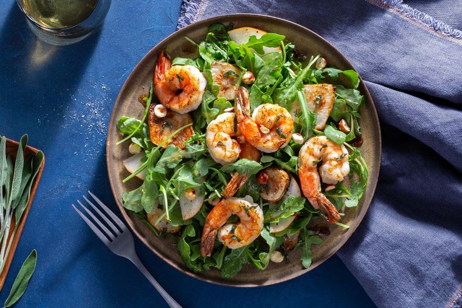 Jumbo shrimp in sage brown butter sauce with sunchokes and hazelnuts