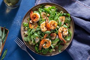 Jumbo shrimp in sage brown butter sauce with sunchokes and hazelnuts