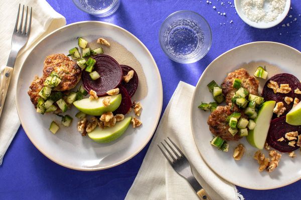 Turkey-apple patties with beet salad and cucumber salsa