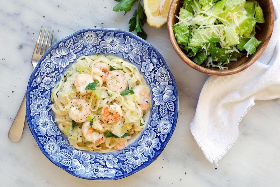 Shrimp linguine with romaine salad