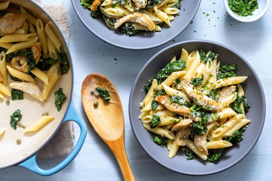 Chicken piccata with fresh whole wheat penne and kale