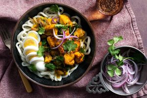 Burmese coconut curry with chicken and udon noodles