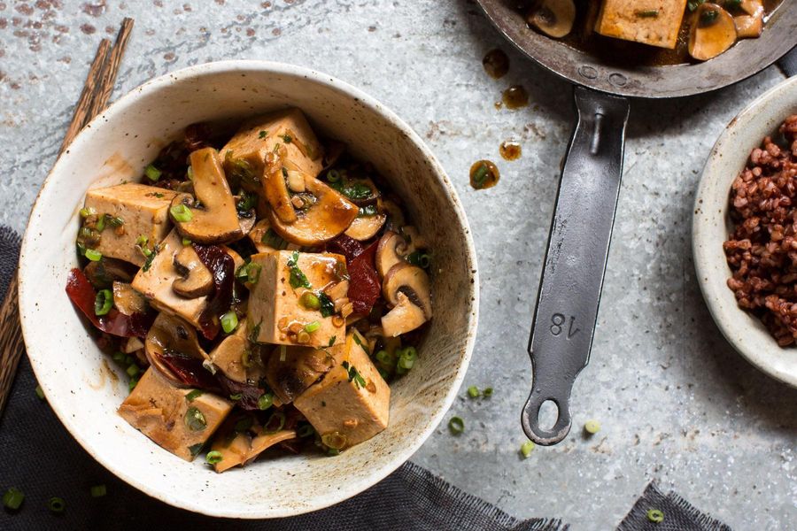 Mapo tofu with mushrooms and red rice