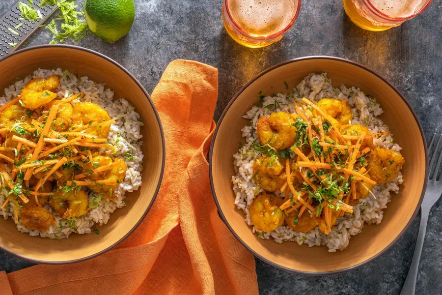 Balinese shrimp with coconut-garlic brown rice and pickled carrots