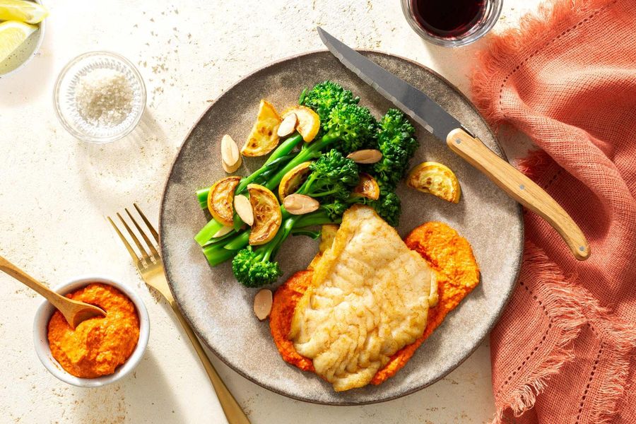 Steaks and romesco with baby broccoli, summer squash, and almonds
