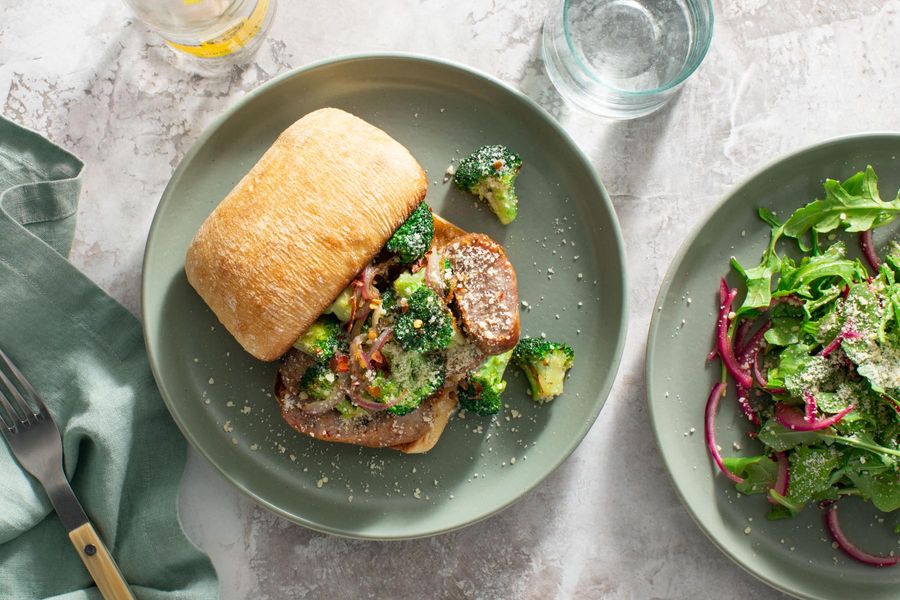 Italian sausage, broccoli, and Parmesan sandwiches on garlic ciabatta