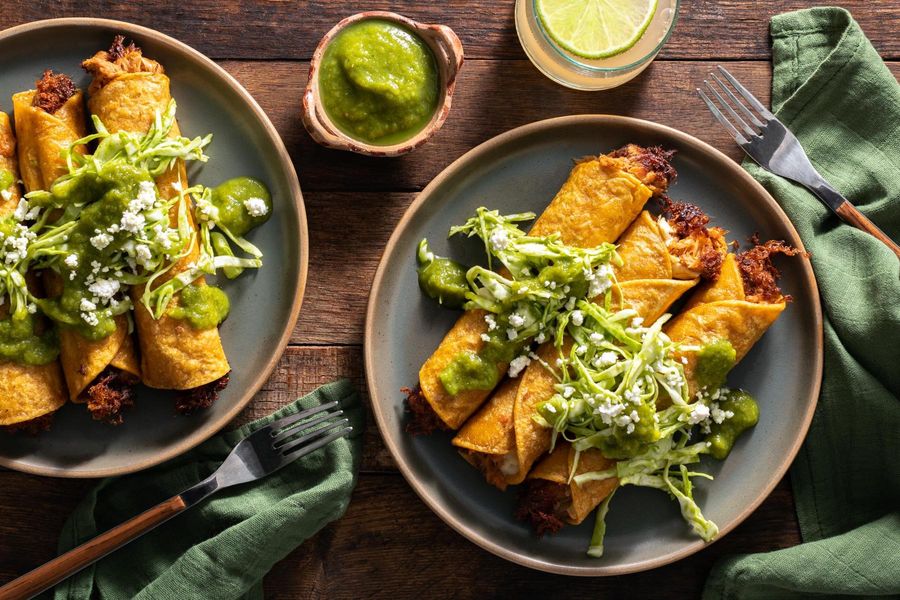 Pulled-pork taquitos with tomatillo salsa verde and queso fresco