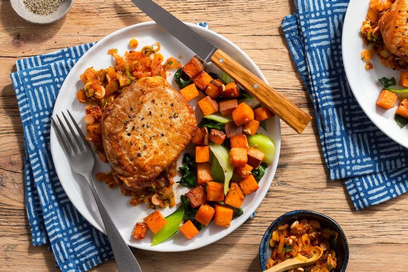 Pork Chops with Kimchi “Chimichurri” and Sweet Potato–Bok Choy Hash