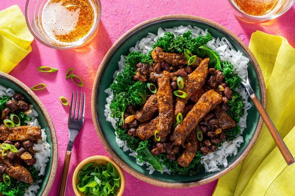 Mexican pork and beans with tomatillo sauce, rice, and kale