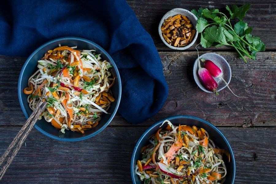 Soba noodle salad with bean sprouts, cabbage and carrots