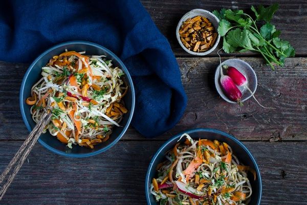 Soba noodle salad with bean sprouts, cabbage and carrots