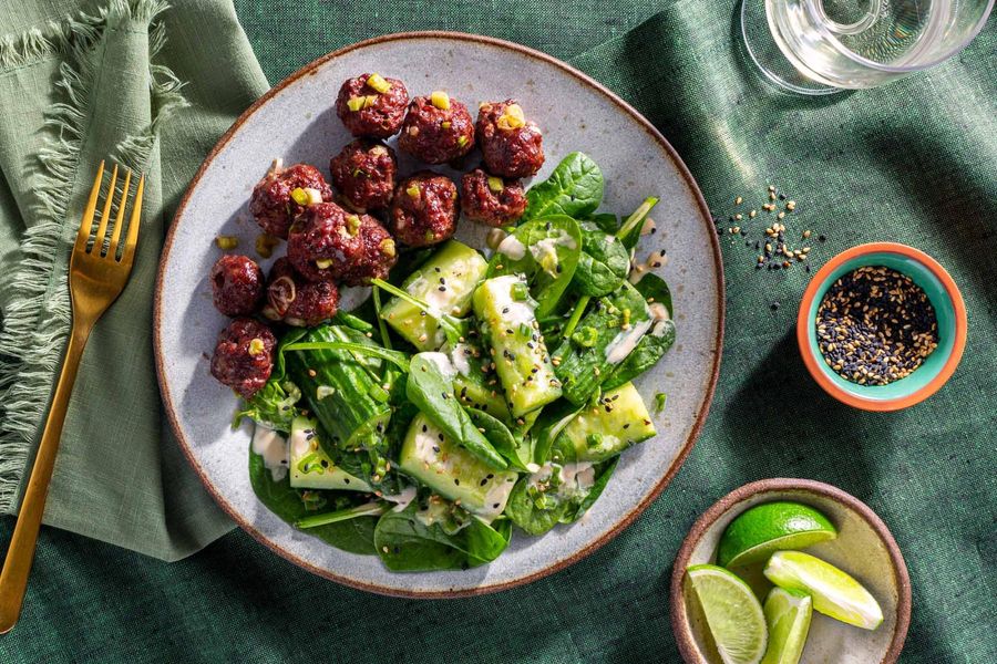 Japanese tsukune meatballs with smashed cucumber salad