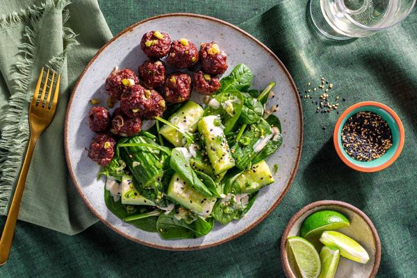 Japanese tsukune turkey meatballs with smashed cucumber salad