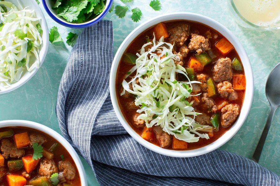 Spicy chipotle turkey and sweet potato chili with cabbage slaw