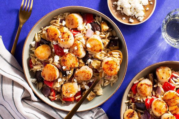 Lemony orzo with chicken, roasted eggplant, and bell pepper