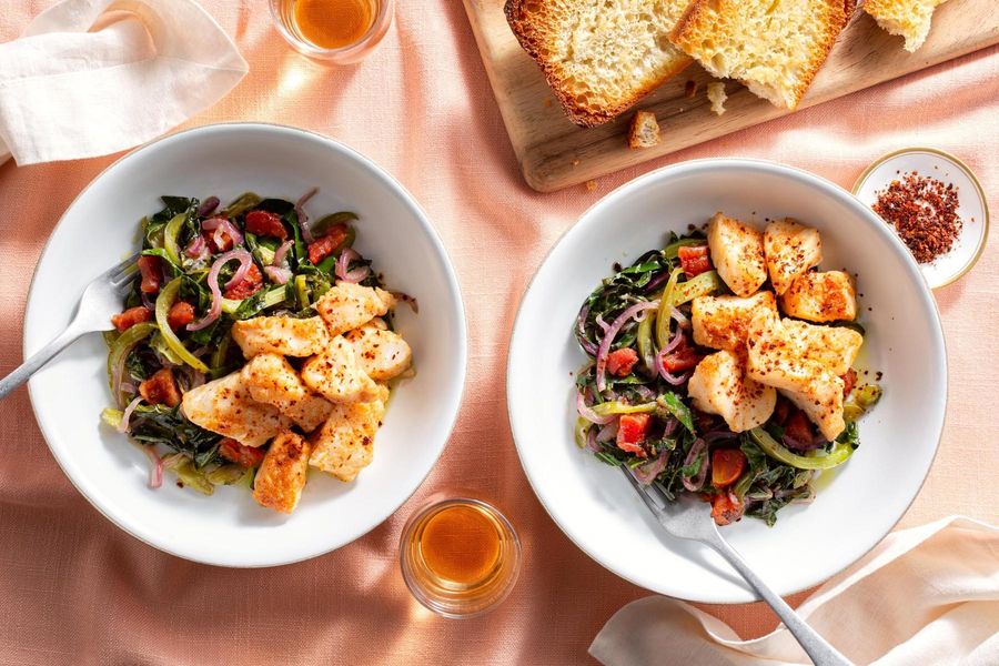 Basque-style braised pollock with piperade and broccoli leaves