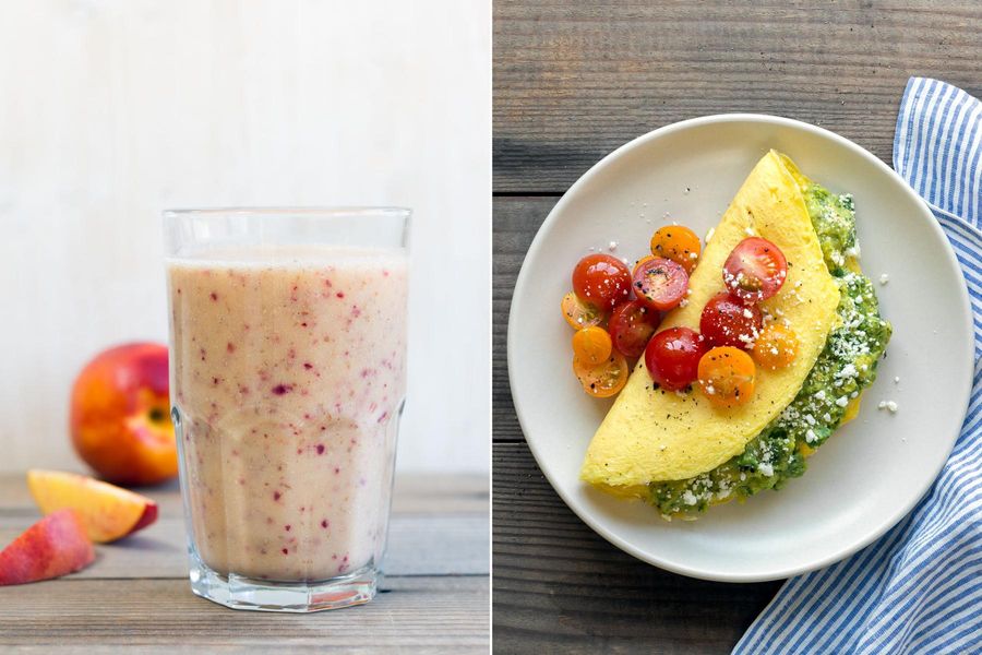 Nectarine-rhubarb smoothie & Baja omelet with guacamole and tomatoes