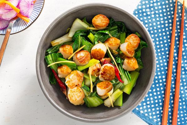 Ginger chicken and bok choy stir-fry with pickled daikon salad
