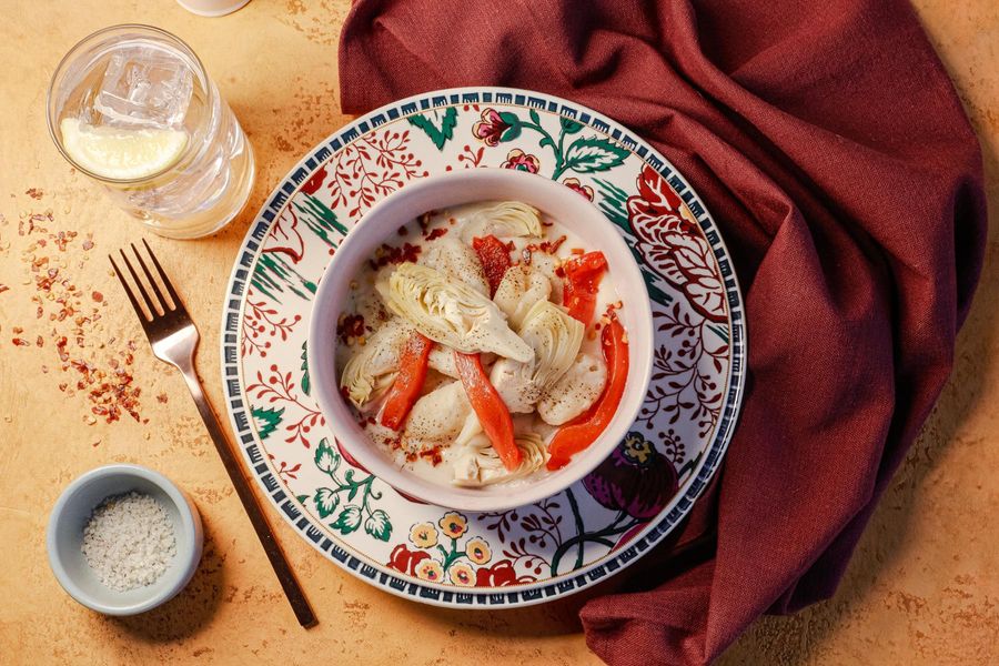 Roasted Mediterranean vegetables and gnocchi in lemony cream sauce