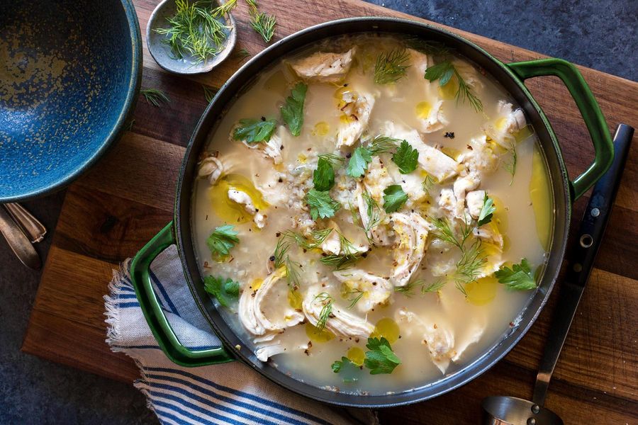 Avgolemono chicken soup with lemon, egg, and cauliflower “rice”