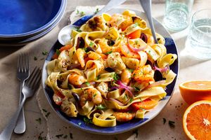 Sicilian shrimp pappardelle with olives and orange