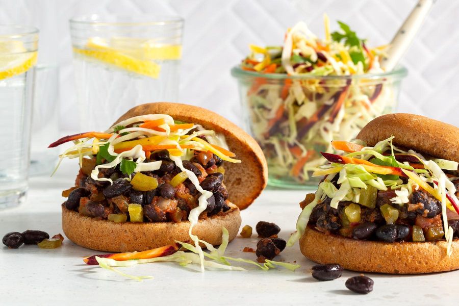 Black bean sloppy joes on whole wheat buns with coleslaw
