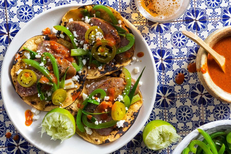Simple Sausage Tacos with Bell Pepper, Chile Salsa, and Queso Fresco image