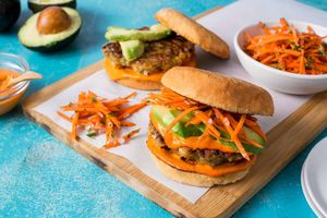 Chickpea–green chile burgers with avocado and pickled carrots
