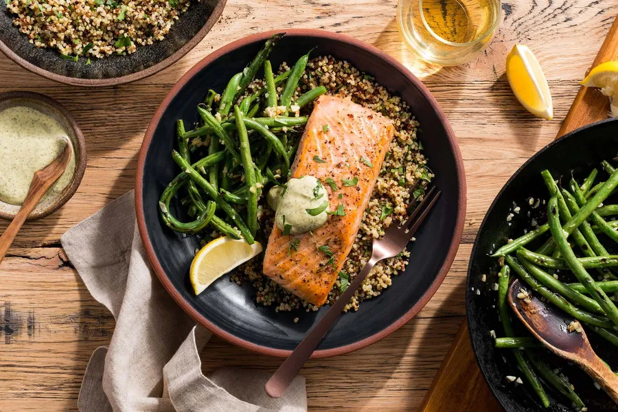 Salmon with Dijon sauce, blistered green beans, and quinoa