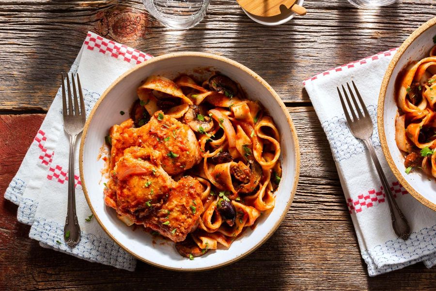 Chicken cacciatore over fresh pappardelle