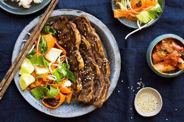Korean short ribs with sesame bok choy salad, kimchi and rice